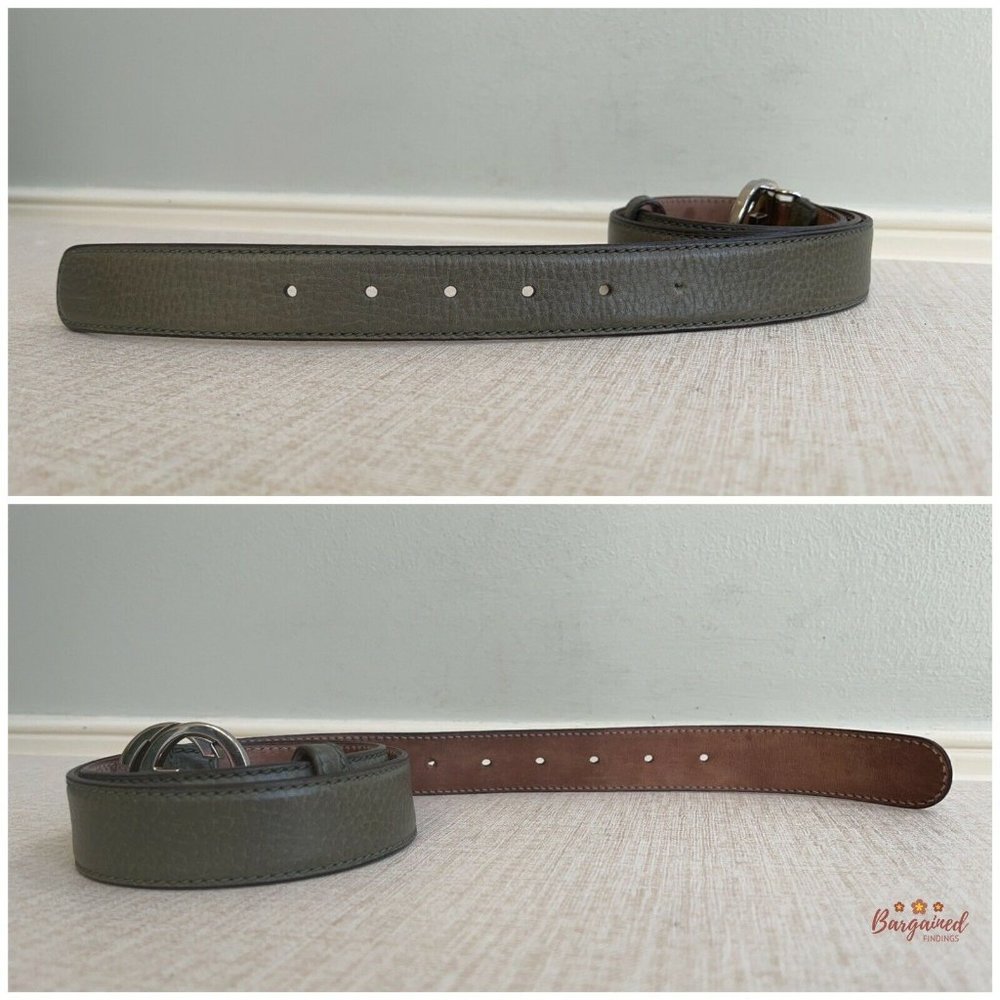 Authentic GUCCI Greenish-Gray Leather Silver Interlocking G Buckle Belt 85/34 - Picture 10 of 13